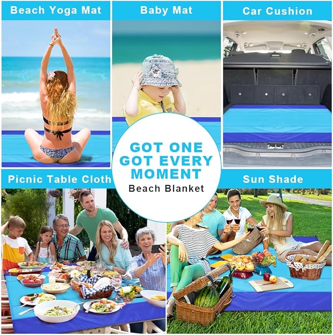 Beach Blanket Beach Mat, Sandproof Waterproof Beach Mat, Extra Large 82 * 79 in (5-7 People) Picnic Blanket with 1 Storage Bag, 1 Carabiner & 4 Fixed Nails for Beach, Camping, Hiking, Picnic