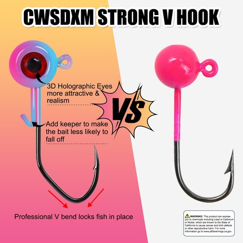 CWSDXM Painted Crappie Jig Heads 3D Eyes Fishing Hooks with Wire Keeper Lures for Crappie Panfish Bass Fishing Jig Hooks Assortment 1/16 oz 1/8 oz 3/16oz 3/8 oz 1/4 oz (1/8 oz 3.5g-30pcs)