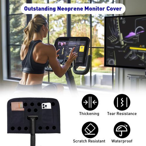 Neoprene Monitor Cover for Exercise Bike Screen,Universal Exercise Bike Screen Protector with Mobile Phone Pocket and Wallet Pocket,Waterproof Anti-UV,Damage Prevention,Accessories for Treadmill/Bike