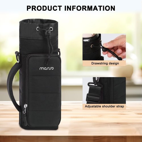 MOSISO Puffy Water Bottle Holder, 32oz / 40oz Insulated Water Bottle Carrier Bag with Strap, 2 Pockets Water Bottle Sling Bag with Handle for Walking, Hiking, Camping, Traveling, Black