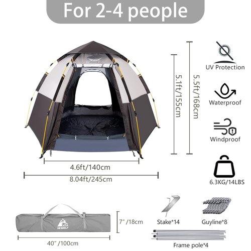 Hewolf 2/3/4 Person Camping Tent - Instant Pop Up Waterproof 2 Doors Tent with Easy Setup | 3-Season Hexagonal Dome Design for Family, Hiking & Traveling (Double Gray)