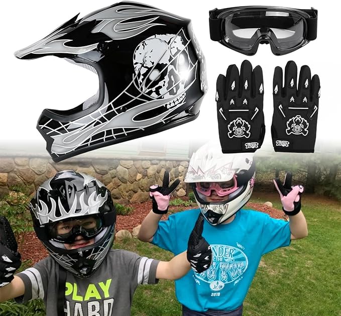 TCT-MOTORPARTS DOT Youth Kids Motocross ATV Helmets Offroad Street Dirt Bike Go-Kart BMX MX Full Face Helmet Black Skull Large Size
