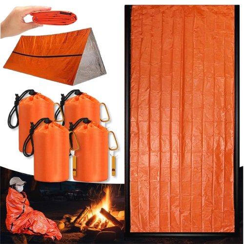 Emergency Sleeping Bag with Whistle, Portable Emergency Survival Bag, Lightweight Pocket Size Emergency Sleeping Bag, Waterproof Thermal Bivy Sack for Camping, Hiking (4)