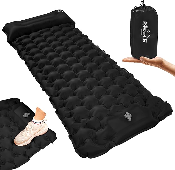 POWERLIX Sleeping Pad for Camping with Bulit in Pillow - Lightweight Camping Sleep Mat for Backpacking, Inflatable & Compact Camping Air Mattress, Perfect for Outdoor Hiking, Foot Pump
