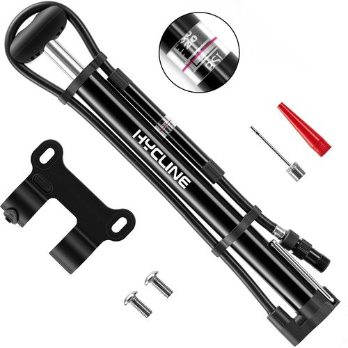 Hycline Mini Bike Pump with Gauge: 140 PSI Portable Bicycle Frame Pump for Road BMX MTB Tires - Aluminum Alloy Fork Pump for Presta Schrader Valves - Black