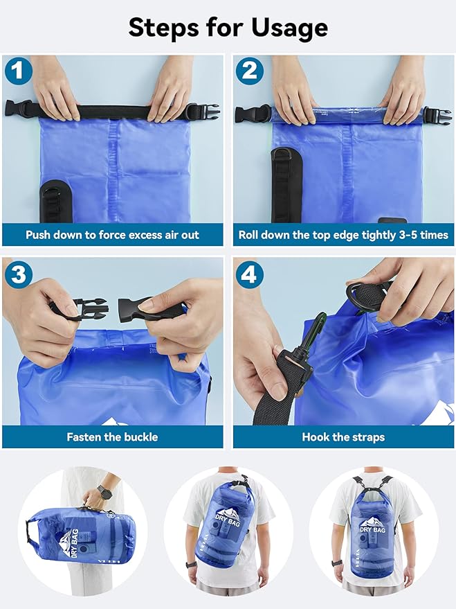 HEETA Dry Bag Waterproof for Women Men, 5L/10L/20L/30L/40L Roll Top Lightweight Dry Storage Bag Backpack with Phone Case for Travel, Swimming, Boating, Kayaking, Camping & Beach, 11 Transparent Colors