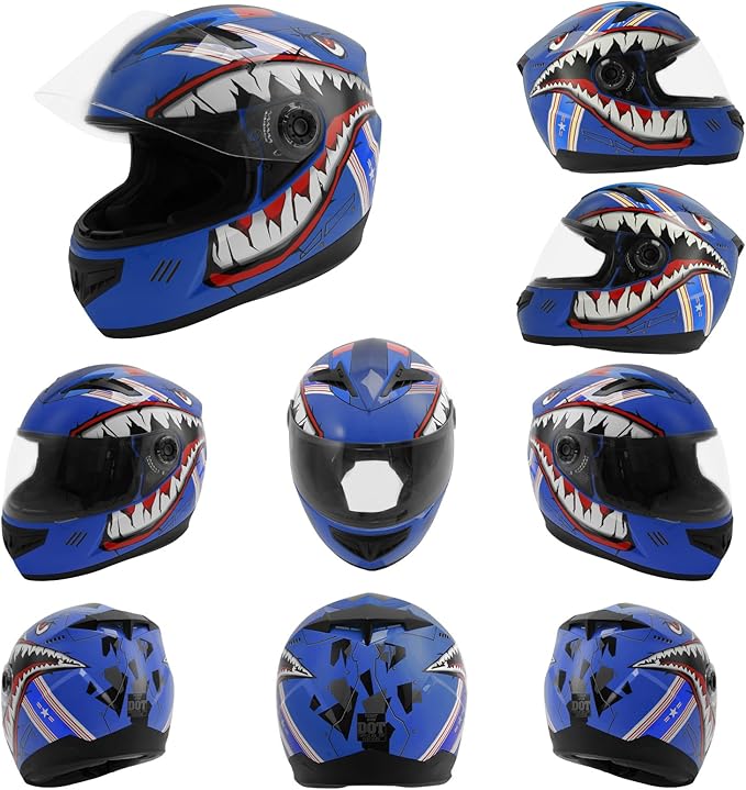 TCT-MOTORPARTS DOT Youth Kids Helmet Motocross ATV Full Face Four Wheeler Helmets for Offroad Street Dirt Bike Go-Kart BMX MX Blue Shark Mouth Small
