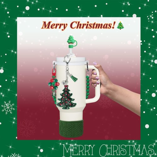 VirgoCCY Christmas Stanley Cup Accessories Set Including 1pcs 0.4in Straw Covers, 1 Water Bottle Handle Strap, 2 Cute Christmas Charms and 1 Silicone Boot for Stanley 40oz & 30oz, Green