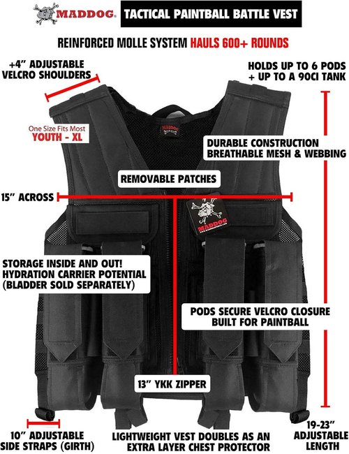 Maddog Tactical Paintball Battle Vest Pod and Tank Holder Walk on Scenario and Woodsball Games - Black