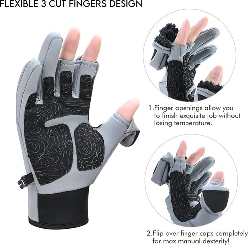 Riverruns Flexible Fishing Gloves Fleece Lining Windproof Ice Fishing Gloves Water-Repellent Touchscreen 3 Cut Fingers