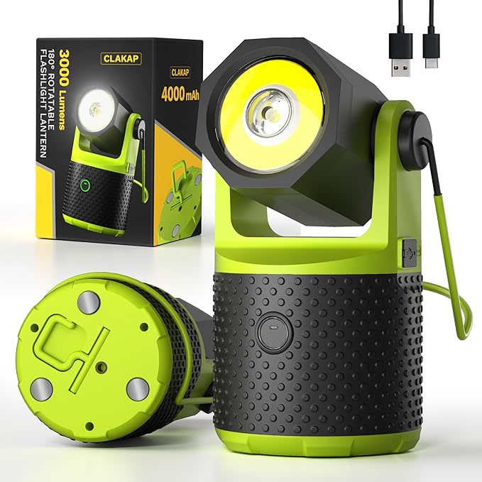 CLAKAP LED Camping Lantern, 3000Lumens Rechargeable 180°Rotatable Flashlight Lantern, Portable Camping Light with 4000mAh Phone Charger, IPX4 Waterproof Emergency Light for Power Outages Hurricane