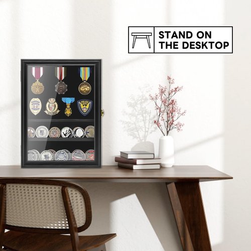 PiaoHao Medals Display Case Wall Frame for Collector, Military Challenge Coins Holder, Pins, Lockable Shadow Box with Removable Shelves, Black