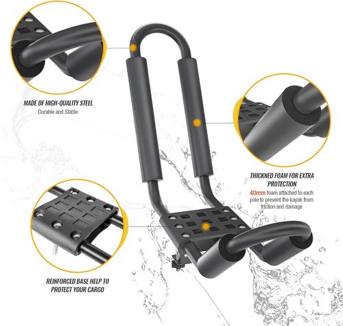AA-Racks 2 Pair J-Bar Rack for Kayak Carrier Canoe Boat Paddle Board Surfboard Roof Top Mount on Car SUV Truck Crossbar with 16 Ft Ratchet Lashing Straps