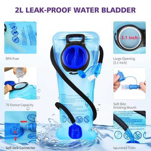 Hydration Pack, Insulated Hydration Backpack with 2L Hydration Bladder, Hiking Backpack for Men Women Kids, Water Backpack for Hiking, Running, Cycling, Camping