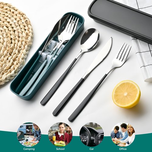 HMDZMR Travel Utensils with Case, 4pc Reusable Utensils Set with Case, Camping Utensil Set, Portable Silverware Lunch Utensils Set for Work Camping School (Black)
