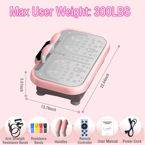 ENOWPO Vibration Plate Exercise Machine, Vibrating Fitness Platform Whole Body Shake Board Workout Equipment Fat Burner Vibrate Stand with Bluetooth Resistance Bands for Women Men Home Sport Gym-Pink