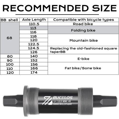 BUCKLOS Bike Square Taper Bottom Bracket - 68/80/90/100/110/120x110.5 113 116 118 122.5 127 140 152 156 166 174mm Bicycle BSA Brackets for Mountain/MTB/Road/Fat Bike/Ebike