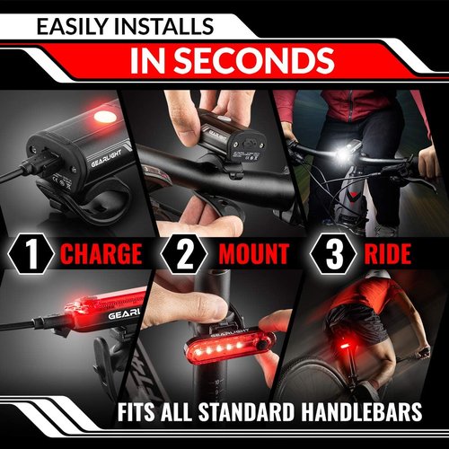 GearLight Rechargeable Bike Light, Bike Headlight and Tail Light Set, Powerful Front and Back Lights for Night Riding Safety, Night Riding Accessories, White Elephant Stocking Stuffer for Men