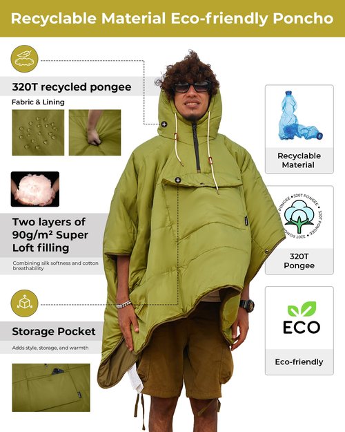 KingCamp Camping Blanket Poncho, Wearable Honcho Hoodie Reversible Cape Windproof Water-Repellent Recycled Poncho with Snap Buttons for Outdoor Camping Hiking Stadium Travel (Green, 66" x 48")