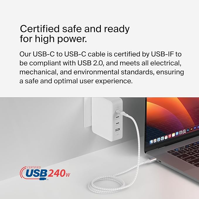 Belkin USB C to USB C Cable, 3.3ft, 240W - Type C Charger, iPhone Charger Cord, Fast Charging for iPhone 16, Galaxy S25, Pixel 9, MacBook, Chromebook, iPad Pro, Switch Steam Deck - White