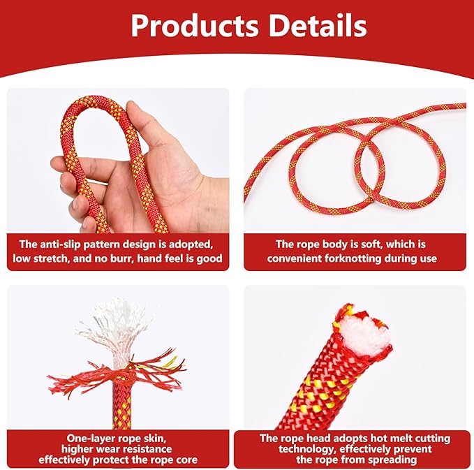 Arborist Rigging Rope - Red 1/2 in x 200 Ft Static Bull Rope for Climbing Tree Felling Pulling Various Outdoor Applications Construction Swing Sailing