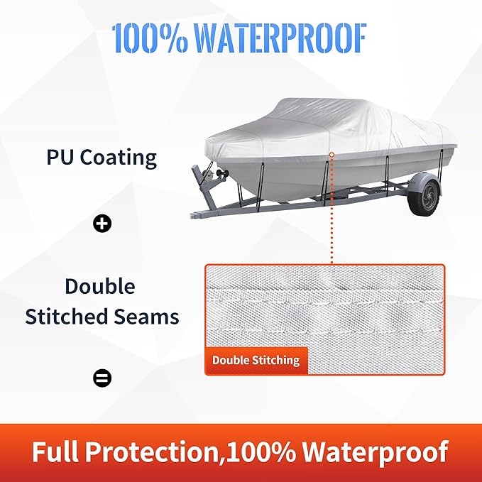 NEXCOVER Trailerable Boat Cover, Length: 14'-16' Beam Width: up to 68", Waterproof Heavy Duty Cover, Fits V-Hull, TRI-Hull, Runabout, Pro-Style, Bass Boat, Storage Bag & Tightening Straps Included.