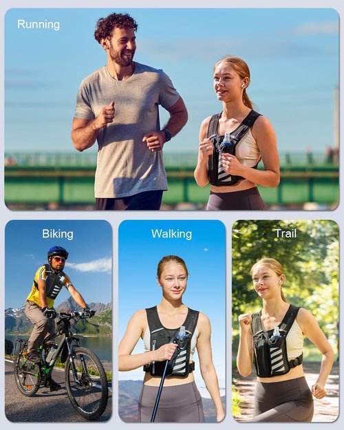Reflective Running Vest with Water Bottle Phone Holder for Women/Men, Hydration Gear Back Pack/Backpack, Light Weight Chest Bag Run Essential Accessory for Marathon Runner Walking Trail Rucking, Black