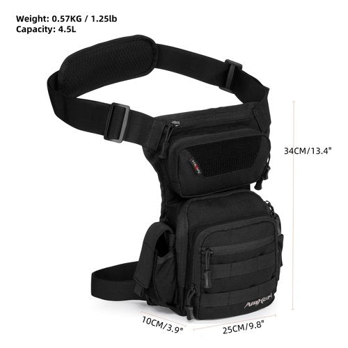 AMHEH Drop Leg Thigh Bag Hip Pouch 4.5L Black | Military, Tactical, Motorcycle, Bike, Cycling, Hiking, Outdoor, Adjustable for Waists Up to 59 Inches