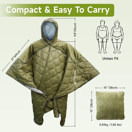 Travel Bird Sleeping Bag for Adult, Wearable Blanket Insulated Poncho Hooded, Sleepingbag Quilt for Winter Camping Hiking Sports