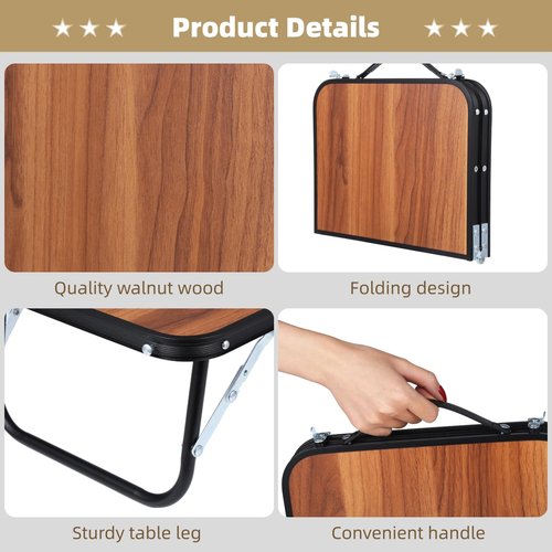 YHomU Compact Mini Camping Table, Walnut Wood Folding Side Low Table for Camp, Portable Table for Picnic Travel Beach, Lightweight Foldable Design