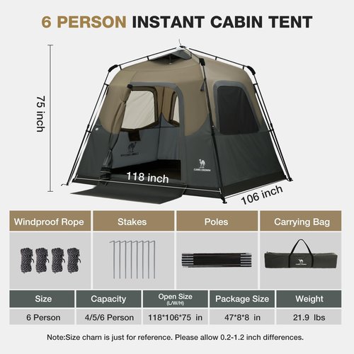 CAMEL CROWN Instant Tents for Camping 4-6 Person Tent Waterproof Easy Setup Sets Up in 60 Seconds Backpacking Tents with Carry Bag for Outdoor Hiking Sandy Brown