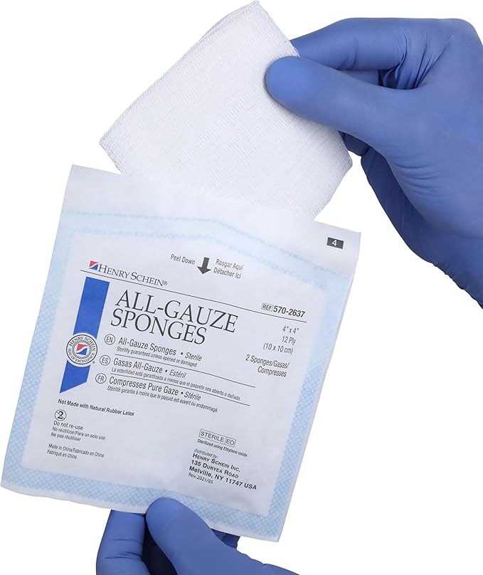 Premium 100% Cotton All-Gauze Sponge 4x4 12 Ply Sterile Square for Wound Care & Home First Aid Kits - 50/Box