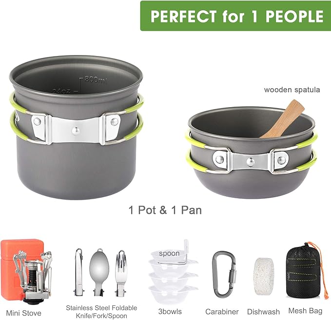 G4Free 2/4/13 PCS Camping Cookware Mess Kit Hiking Backpacking Picnic Cooking Bowl Non Stick Pot Knife Spoon Set