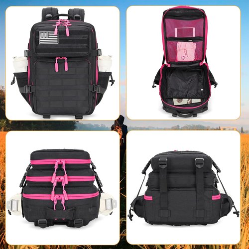 Lovelinks21 25L Tactical Military Backpack Small Travel Backpack for Men and Women Assault Pack Bug Out Bag Molle Daypack Gym Backpack with Bottle Holder (Black Neon Pink)