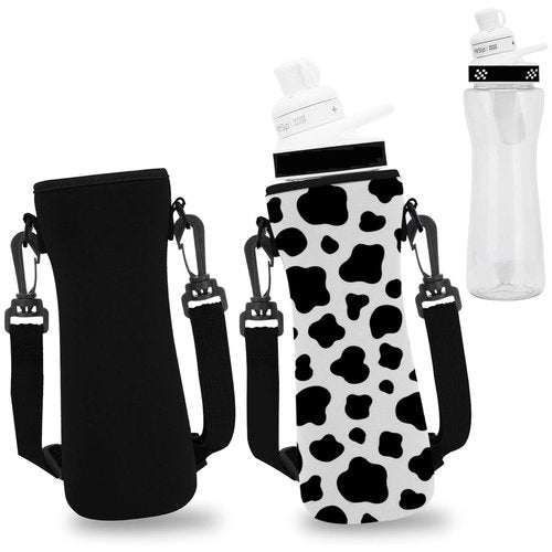 ARefugen 2Pcs Neoprene Insulated Sleeve for 32 oz Cirkul Water Bottle - Holder Carrier with Shoulder Strap (Cow and Black)