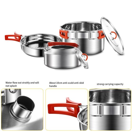 Camping Cooking Set,Camping Cookware Set,304 Stainless Steel Camping Pots and Pans Set, Includes Pot Nonstick Frying Pan Kettle in Mesh Bag for Hiking Outdoor Cooking Backpacking for 1-2 People