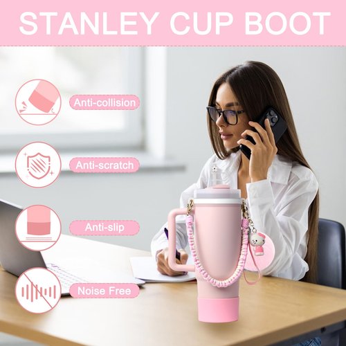 HATOTO Stanley Cup Accessories Set, Cute Kawaii Pom Pom Design Water Bottle Handle Strap, Silicone Boot, Charms for 30/40oz Tumble (Pink 1)