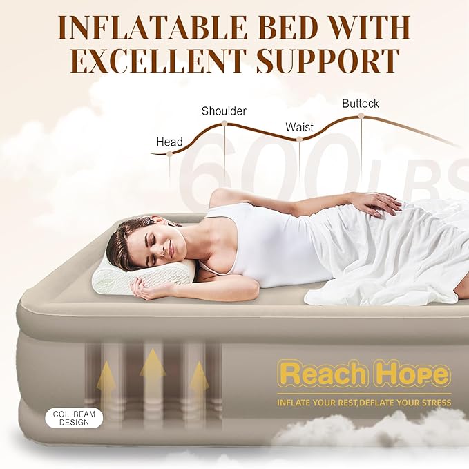 Air Mattress Queen with Built in Pump, Self-Inflatable Queen Size Air Mattress, Blow Up Double Bed with Storage Bag, Colchones Inflables Air Bed for Indoor & Outdoor.(18" Queen, Khaki)