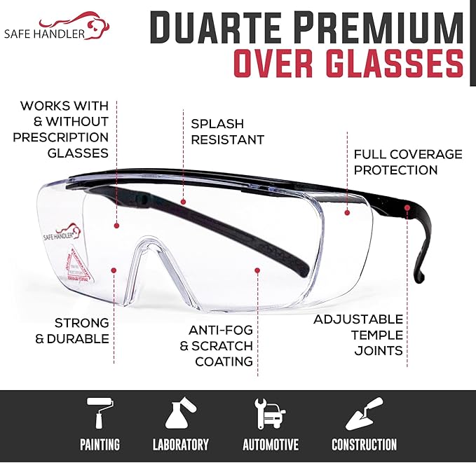 Duarte Premium Over Glasses 3 PAIRS | ANSI Z87.1, Impact Resistant Polycarbonate Lens, UV400, Anti-Fog & Anti-Scratch, Box of 3