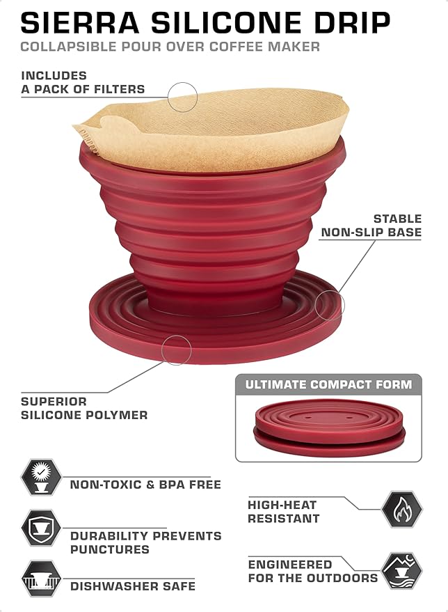 COLETTI Sierra Pour Over Coffee Dripper — Collapsible Pour Over Coffee Dripper — Includes Pack of Paper Filters [Red, Pack of 1]