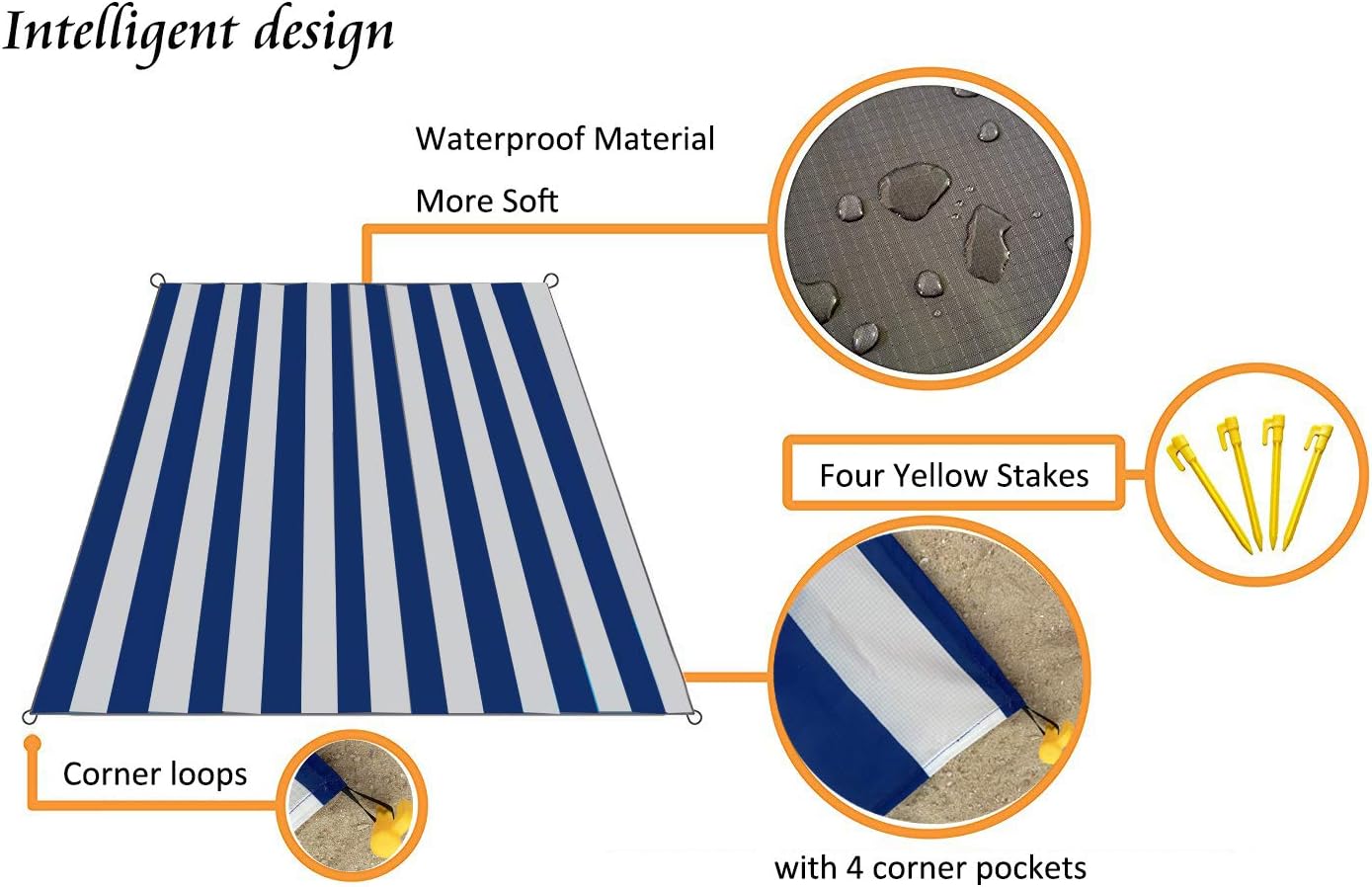 Outdoor Blanket (71" x 55") -Compact, Lightweight, Sand Proof Pocket Blanket Best Mat for The Beach, Hiking, Travel, Camping, Festivals with Pockets, Loops, Stakes, Carabiner