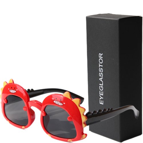 Dinosaur Cartoon Sunglasses for Kids Aged 2-6,UV Protection Secure Fit for Outdoor Adventures,Dark Lenses Red Black