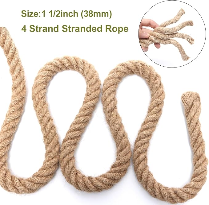 Rope 1 1/2 Inch 100 Feet Jute Rope, Heavy Duty Jute Rope,Natural Hemp Rope, Twisted Hemp Rope for Crafts, Gardening, Bundling,Hammock, Nautical, Tug of War, Railings, Home Decorating