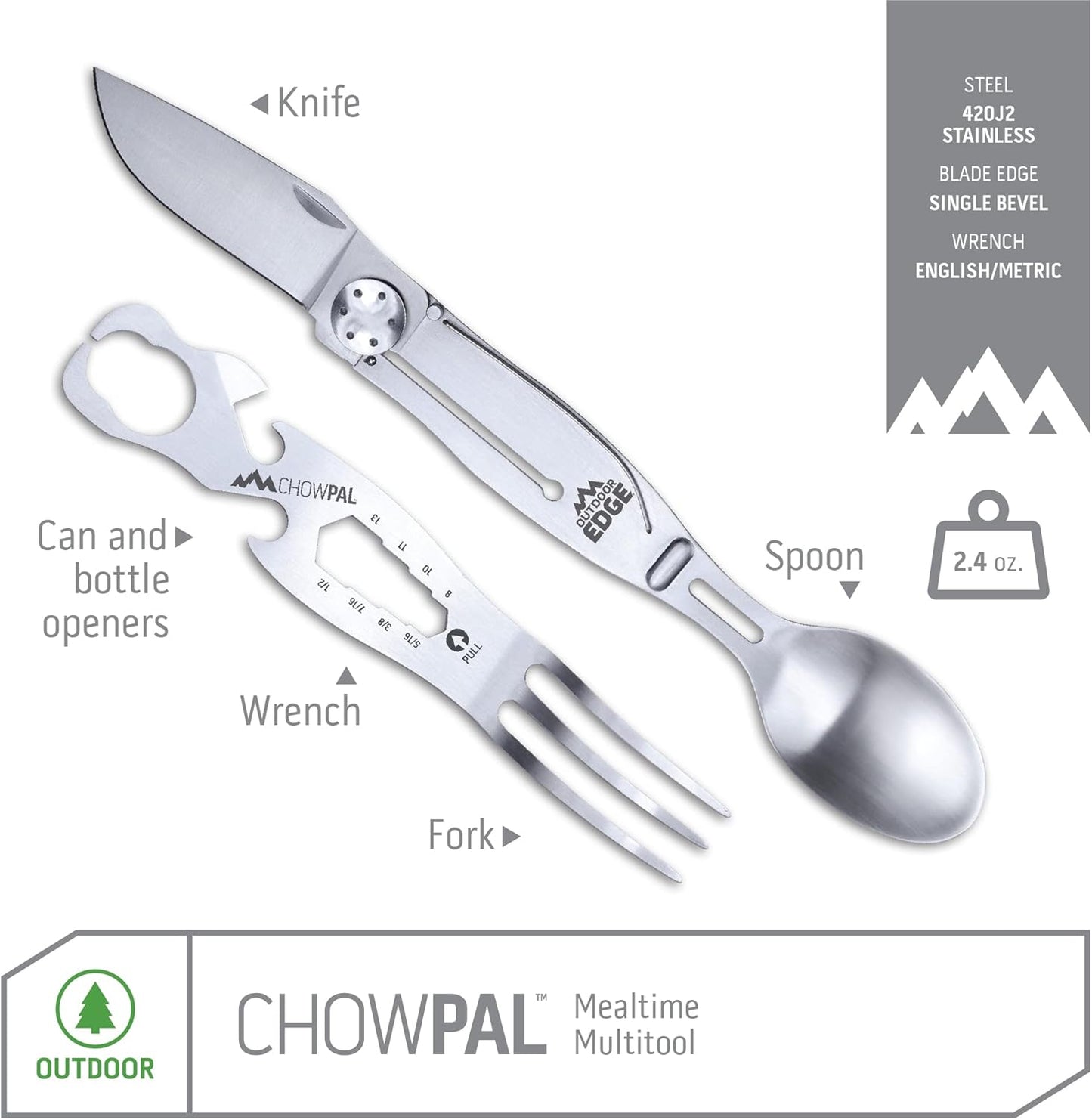 OUTDOOR EDGE Chowlite - Mealtime Multitool with Folding/Locking Fork, Spoon, Bottle Opener, Can Opener and Screwdriver - 100% Stainless Steel - Perfect for Camping, Hiking, Backpacking and Hunting