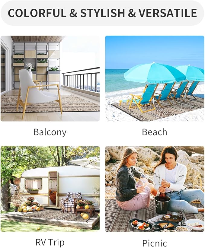 MontVoo Outdoor Rug Carpet 8x10 Waterproof-Patio Rug Mat Reversible RV Camping Rug Picnic Mat Plastic Straw Outside Rug for Balcony Porch Deck Beach-Boho Outdoor Area Rug for Patio Decor Colorful