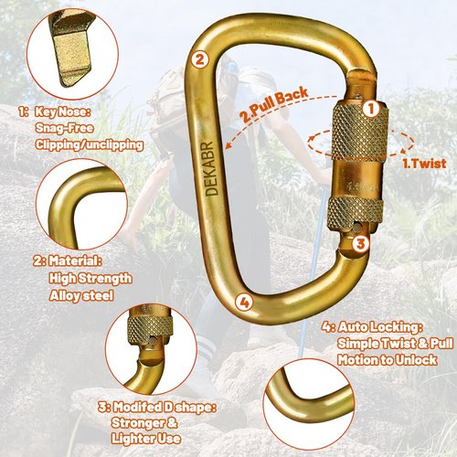 DEKABR Heavy Duty Alloy Steel Auto-Locking Climbing Carabiner - 45KN Twist Lock Carabiner for Rock and Tree Climbing, Quick Release, Rescue, and Mountaineering. ANAB Certified, 4.21-inch, Large, Gold