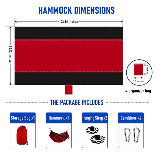 Camping Hammock for Adults with 2 Tree Straps – Lightweight & Portable Nylon Hammock Swing for Hiking, Travel, Backpacking, Backyard (Red+Black)