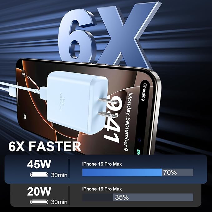 Phone 16 Pro Max Charger Fast Charging, 45W USB C Phone 16 Super Fast Charger Block with 10ft Long Type C Charging Cable Cord for Phone 16/16 Pro/16 Pro Max/16 Plus, 15/15 ProMax/Pro/Plus-White+Blue