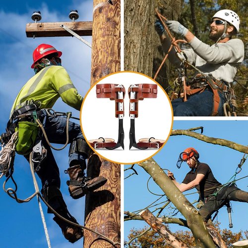 MYCGJH Tree Climbing Spikes Set with Harness Belt, Upgrade Cow Leather Tree Climbing Spikes Height Adjustable Tree Climbing Gear Pole Forging Tree Climbing Tool for Outdoor Activities