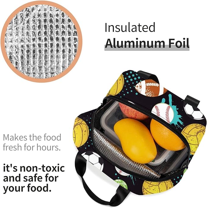 VOOHDDY Sport Ball Cool Insulated Lunch Bag For Men Women Reusable Lunch Box Container Waterproof Portable Cooler Thermal Tote Bag For Work Office Picnic Beach Travel